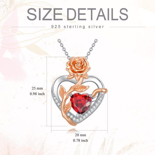 Sterling Silver Rose Heart Pendant Necklace with January Birthstone-1