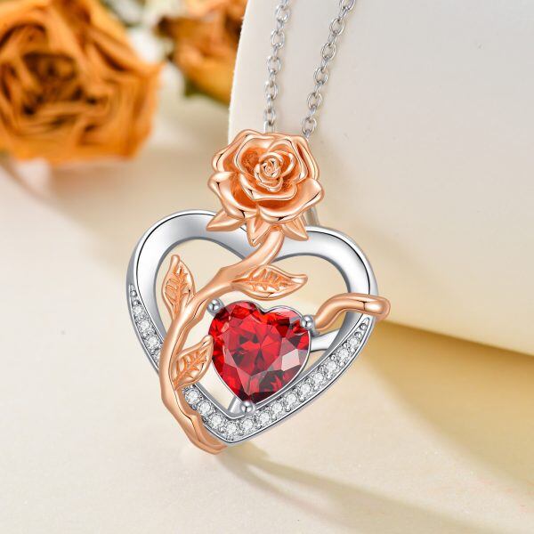 Sterling Silver Rose Heart Pendant Necklace with January Birthstone-3