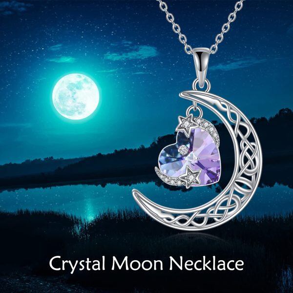 Sterling Silver Celtic Knot Moon Star Pendant Necklace with Heart Crystal-5