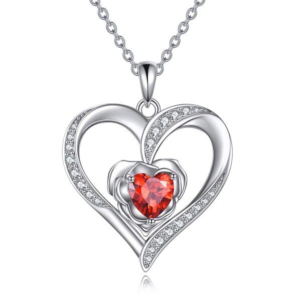 Sterling Silver Rose Heart Pendant Necklace with January Birthstone-0