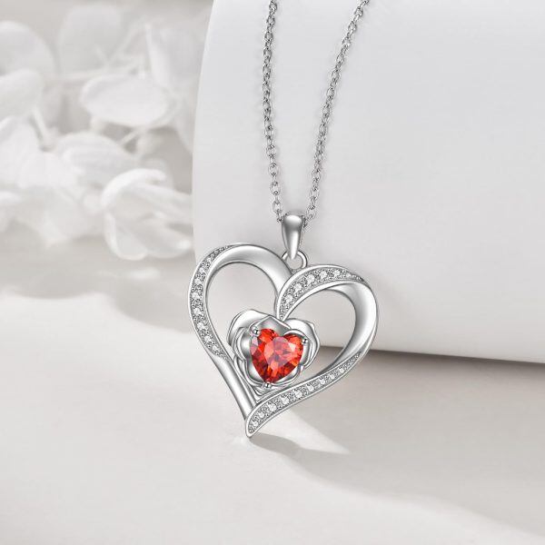 Sterling Silver Rose Heart Pendant Necklace with January Birthstone-3