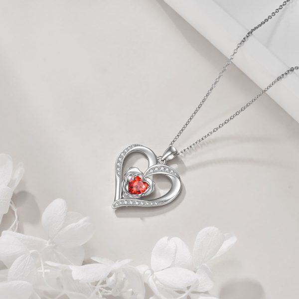 Sterling Silver Rose Heart Pendant Necklace with January Birthstone-4