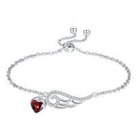 wholesale 925 Sterling Silver Garnet Birthstone Angel Wing Heart Charm Adjustable Bracelet s for Women- Rhodium Plated