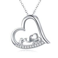 wholesale 925 Sterling Silver Heart-Shaped Elephant Pendant Necklace with Cubic Zirconia Stones Luck Charm  for Women and Girls- Rhodium Plated