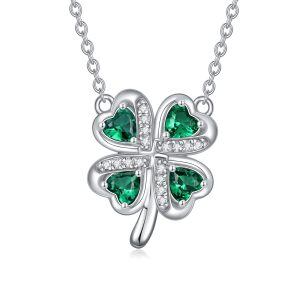 Sterling Silver Four Leaf Clover Crystal Pendant Necklace-0