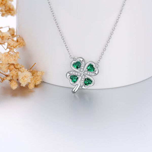 Sterling Silver Four Leaf Clover Crystal Pendant Necklace-3