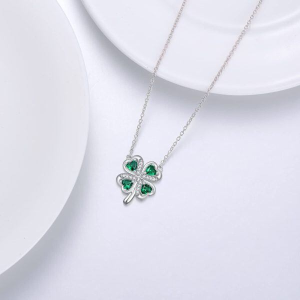 Sterling Silver Four Leaf Clover Crystal Pendant Necklace-4