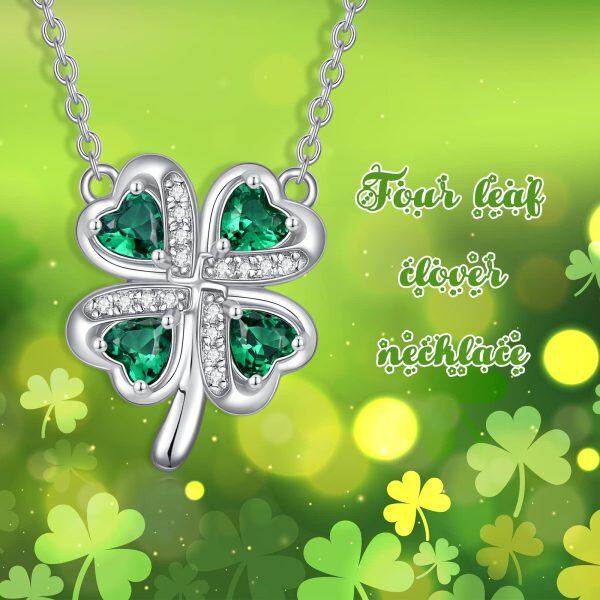 Sterling Silver Four Leaf Clover Crystal Pendant Necklace-5