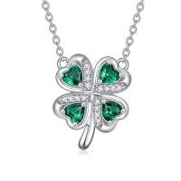 wholesale 925 Sterling Silver Green Crystal Four-Leaf Clover Lucky Charm Pendant Necklace for Women and Girls- Rhodium Plated
