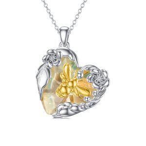 Sterling Silver Flower Bee Pendant Necklace with Heart Crystal-0