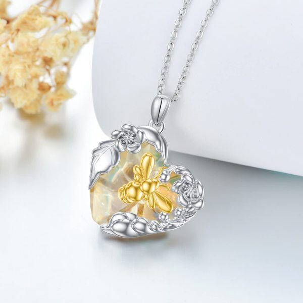 Sterling Silver Flower Bee Pendant Necklace with Heart Crystal-4