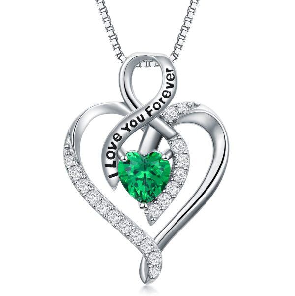 Sterling Silver Green Heart Pendant Necklace with May Birthstone-0