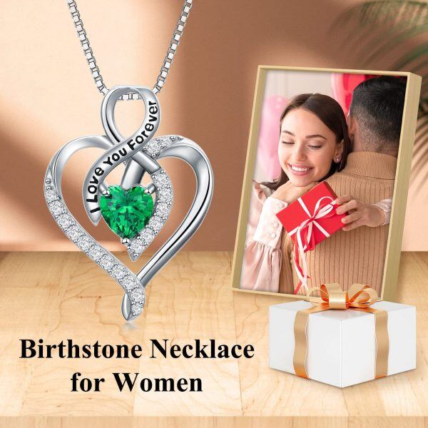 Sterling Silver Green Heart Pendant Necklace with May Birthstone-5