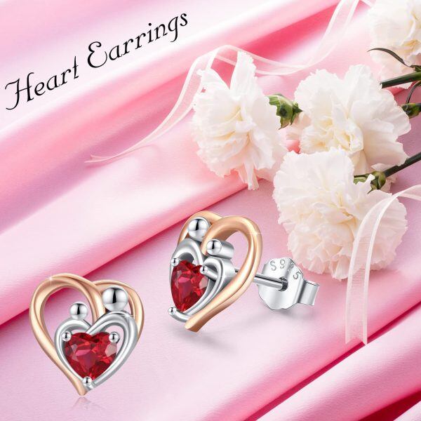 Sterling Silver Mother Child Love Heart Stud Earrings-4