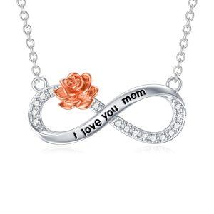 Sterling Silver Infinity Rose Flower Pendant Necklace with " I love you Mom"-0