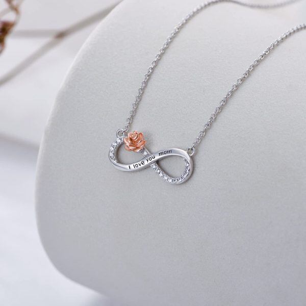 Sterling Silver Infinity Rose Flower Pendant Necklace with " I love you Mom"-3