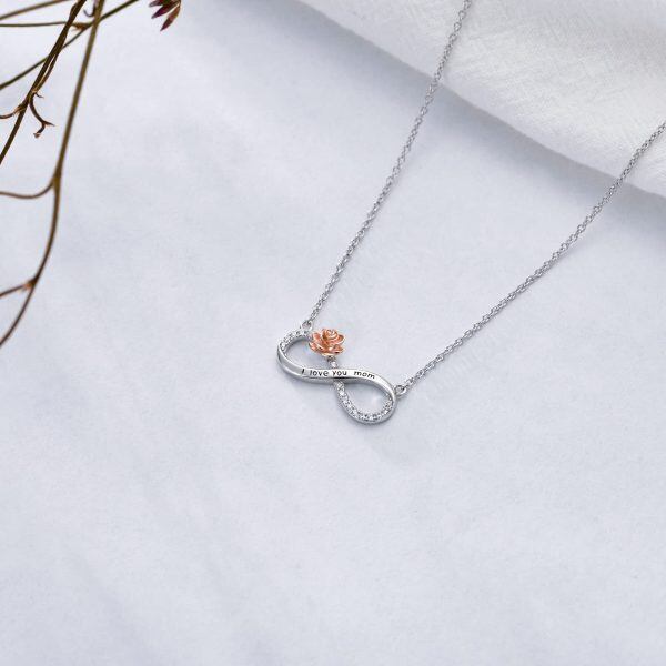 Sterling Silver Infinity Rose Flower Pendant Necklace with " I love you Mom"-4