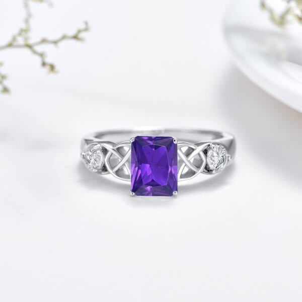 Sterling Silver Celtic Square Amethyst Crystal Ring with February Birthstone-3