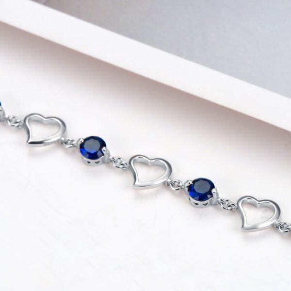 Sterling Silver Blue Love Heart Charm Bracelets with September Birthstone-3