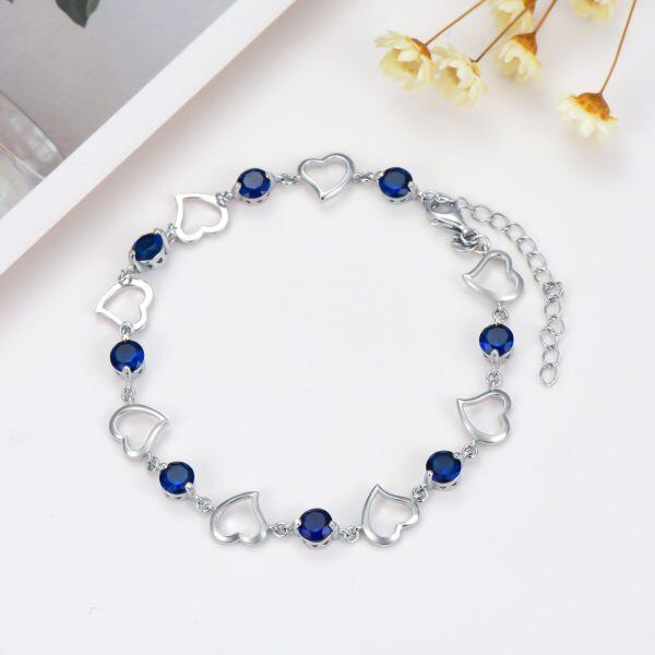 Sterling Silver Blue Love Heart Charm Bracelets with September Birthstone-4