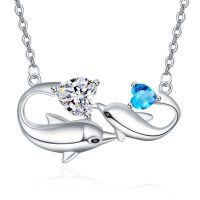 wholesale 925 Sterling Silver Double Dolphins with Blue Topaz Pendant Necklaces for Women Sea Life s- Rhodium Plated