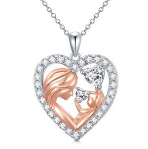 Sterling Silver Mother Baby Heart Pendant Necklace-0