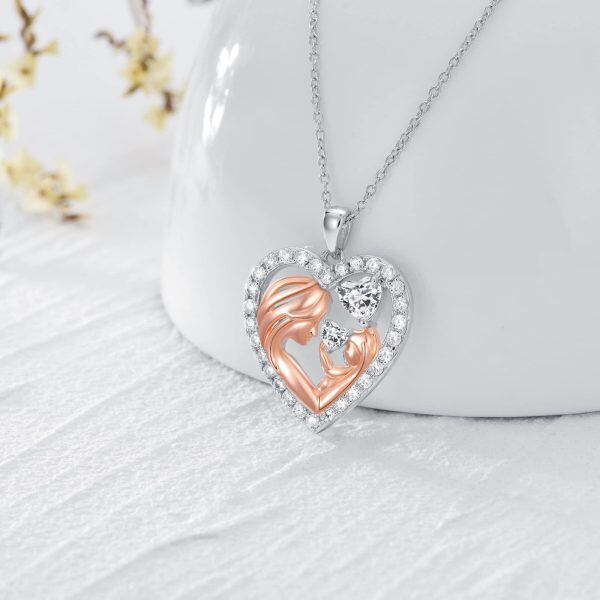 Sterling Silver Mother Baby Heart Pendant Necklace-3