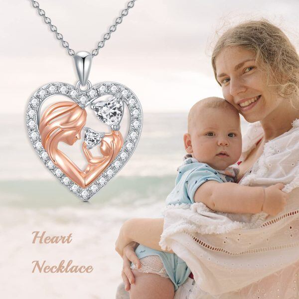 Sterling Silver Mother Baby Heart Pendant Necklace-5