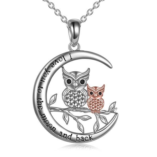 Sterling Silver Moon Owl Mother Child Pendant Necklace-0