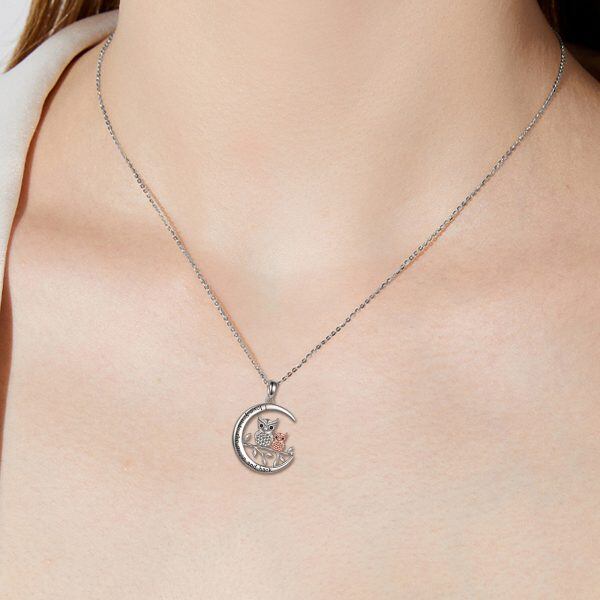 Sterling Silver Moon Owl Mother Child Pendant Necklace-2