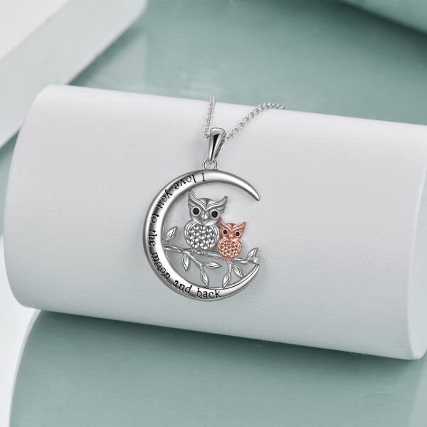 Sterling Silver Moon Owl Mother Child Pendant Necklace-3