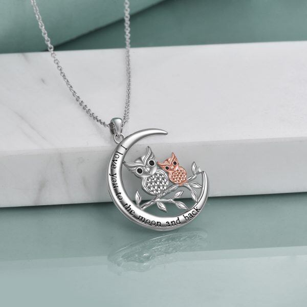 Sterling Silver Moon Owl Mother Child Pendant Necklace-4