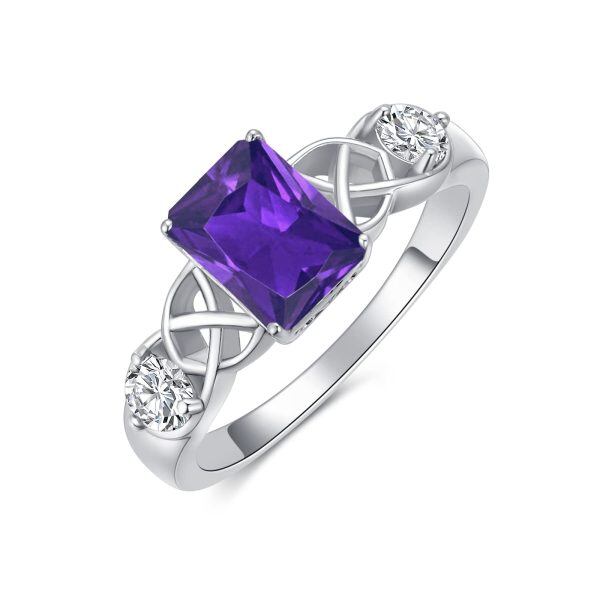 Sterling Silver Celtic Square Amethyst Crystal Ring with February Birthstone-0