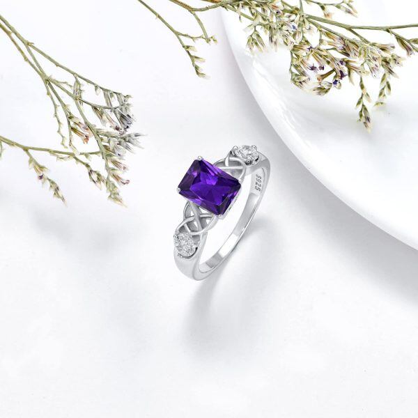 Sterling Silver Celtic Square Amethyst Crystal Ring with February Birthstone-4