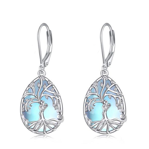 Sterling Silver Tree of Life & Mother Child Dangle Earrings with Moonstone-0