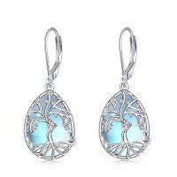 wholesale 925 Sterling Silver Blue Moonstone Tree of Life Earrings for Mom & Daughter Birthdays- Rhodium Plated