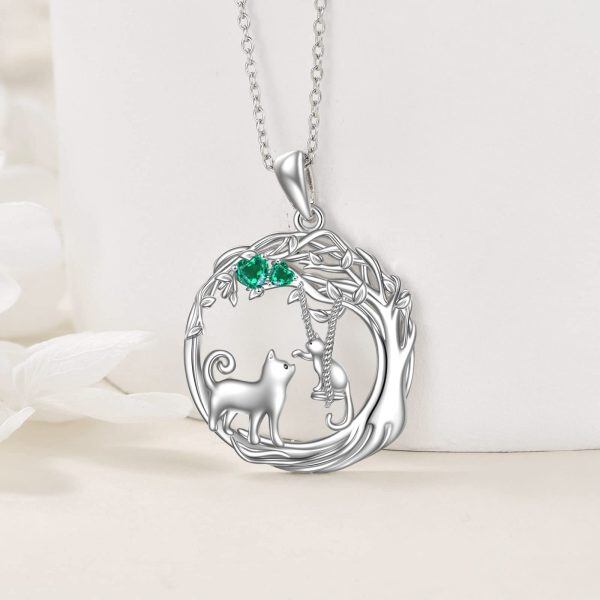 Sterling Silver Cat Mother Child Pendant Necklace-3