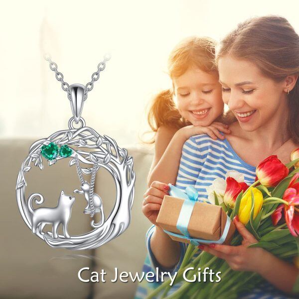 Sterling Silver Cat Mother Child Pendant Necklace-5