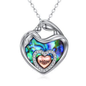 Sterling Silver Abalone Shell Mother Child Heart Pendant Necklace for Mom-0