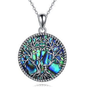 Sterling Silver Tree of Life & Mother Child Pendant Necklace with Abalone Shell-0