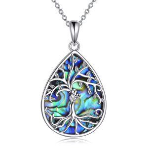 Sterling Silver Tree of Life & Mother Child Abalone Shell Teardrop Pendant Necklace -0