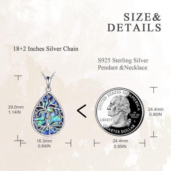 Sterling Silver Tree of Life & Mother Child Abalone Shell Teardrop Pendant Necklace -1