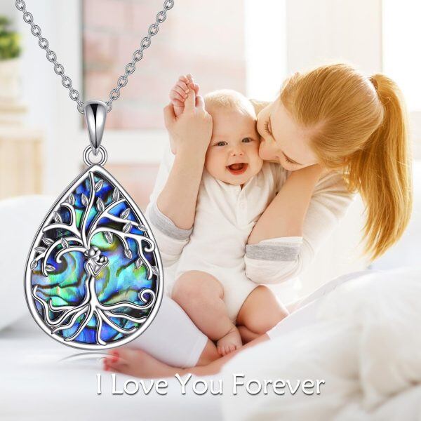 Sterling Silver Tree of Life & Mother Child Abalone Shell Teardrop Pendant Necklace -3