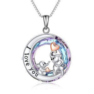 Sterling Silver Elephant Mother Child Pendant Necklace with Cirle Crystal Engraved "I Love You"-0