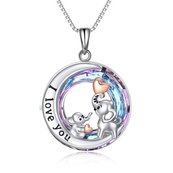 Sterling Silver Elephant Mother Child Pendant Necklace with Cirle Crystal Engraved "I Love You"-0