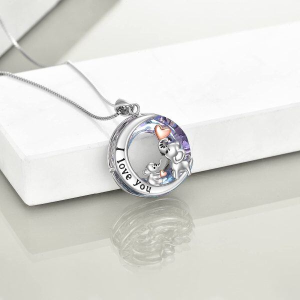 Sterling Silver Elephant Mother Child Pendant Necklace with Cirle Crystal Engraved "I Love You"-3