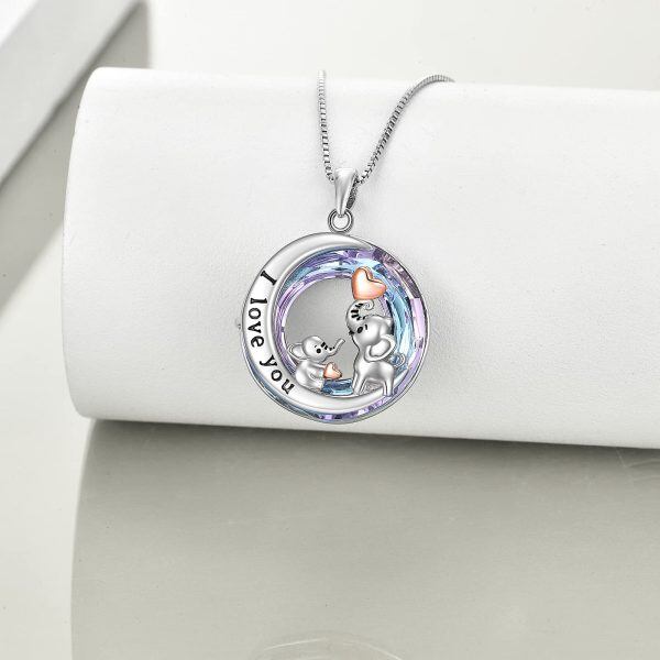 Sterling Silver Elephant Mother Child Pendant Necklace with Cirle Crystal Engraved "I Love You"-4