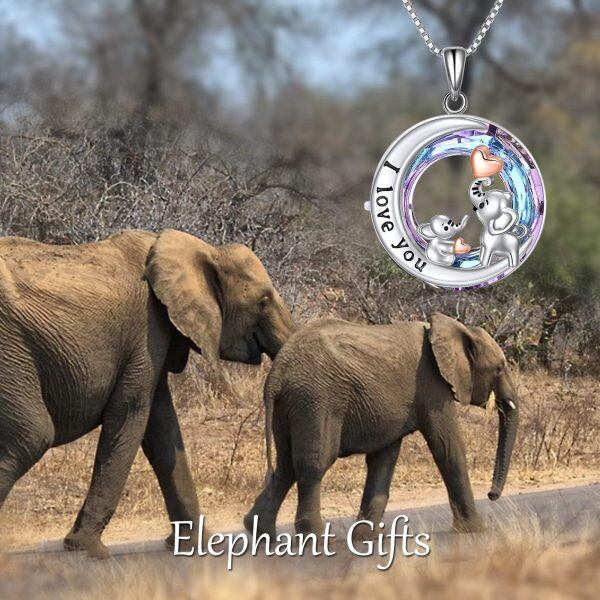 Sterling Silver Elephant Mother Child Pendant Necklace with Cirle Crystal Engraved "I Love You"-5