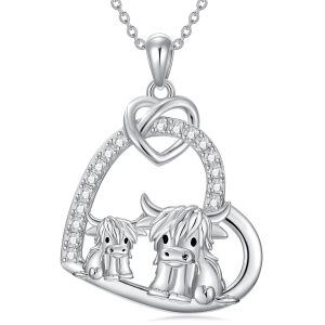 Sterling Silver Highland Cow Mother Child Pendant Necklace-0