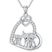 wholesale 925 Sterling Silver Highland Cow Heart Pendant Necklace for Women Girls Mom- Rhodium Plated